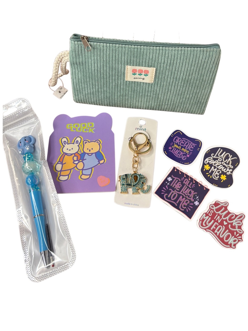 🔥LUCKY BUNDLE: Bag, Elephant Pen, Bling Keychain, Mini Notebook, & 4-pack Sticke